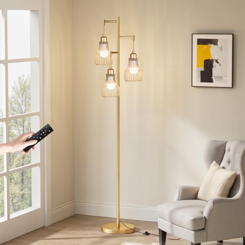 Ziisee Dimmable Gold Floor Lamps for Living Room, Farmhouse Tree Standing Tall Lamp with Remote Control 3 Elegant Cage Shade LED Bulbs for Bedroom Office - Gold - color: Gold(Remote)