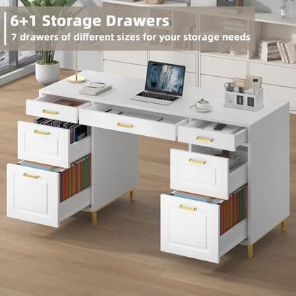 MaverickFurni 57" White and Gold Desk with 7 Drawers | Home Office Desk with 2 File Drawers, White Computer Desk with Specious Workspace for Work Writing Study - color: White