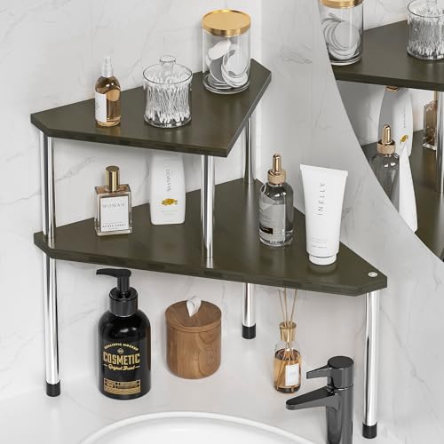 Weenson Bathroom Counter Organizer Corner Shelf - 2 Tier Bathroom Organization Bamboo Bathroom Sink Shelf Kitchen Countertop Organizer Adjustable Free-Standing Counter Storage Shelf(Antique) - color: Antique