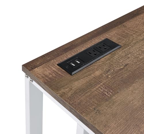 Penau Writing Desk Walnut and White Finish, Built-in USB Port and Power Outlet, Engineered Wood Top with Metal Frame, Open Base Knee Space, 47 x 24 x 30 Inchs, Weight Limit 70lbs