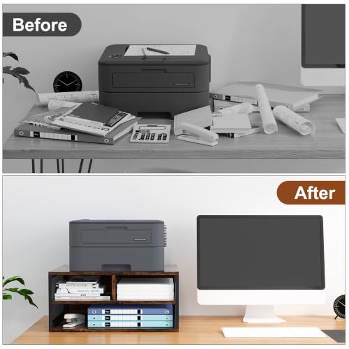 2 Tier Printer Stand with Storage, Wooden Printer Shelf with Metal Frame, Desktop Paper Organizer for Home Office, Multi-Functional Desk Rack for Fax Scanner, Brown