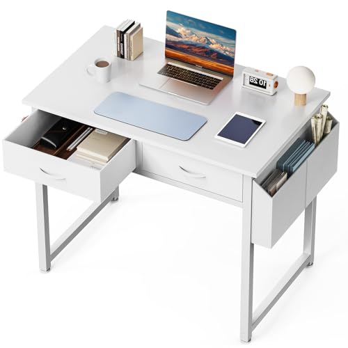 DUMOS 32" Home Office Computer Desk with Drawers, Small Gaming Writing Study Table with Storage Side Bag, Headphone Hook and Adjustable Feet for Bedroom White | Small Writing Desk for Home Office with Headphone Hook, Compact Study Table for Bedroom