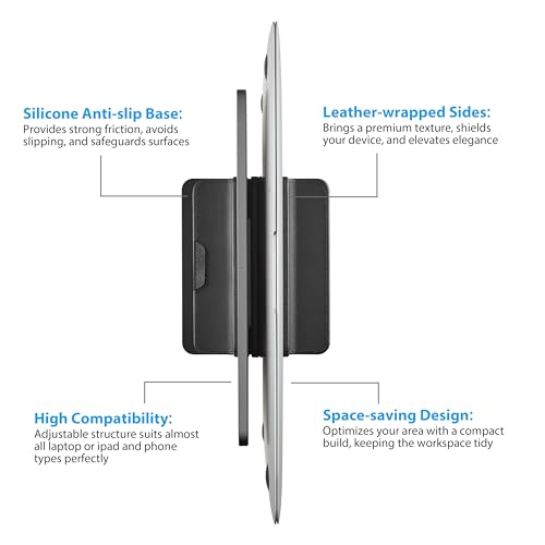 Dual Vertical Laptop Stand, 3 in 1 Upright Desktop Stand Holder with Adjustable Dock (Up to 17.3''), Leather Laptop Rack Storage Desk Organizer for Phone, Tablet, MacBook/HP/Dell/Chrome Book (Black) - color: Black