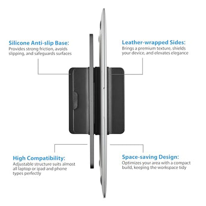 Dual Vertical Laptop Stand, 3 in 1 Upright Desktop Stand Holder with Adjustable Dock (Up to 17.3''), Leather Laptop Rack Storage Desk Organizer for Phone, Tablet, MacBook/HP/Dell/Chrome Book (Black) - color: Black