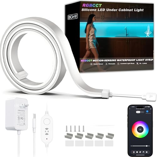 42inch WiFi Night Light Radar Motion Sensor Silicone LED Under Cabinet Lights RGB CCT White 2700K-6500K, Waterproof, APP Control, Dimmable Timing, for Google Home Alexa, for Kitchen, Under Counter