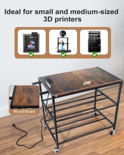 3D Printer Stand with Filament Storage, Heavy Duty Rolling Printer Cart on Wheels with Built-in Power Outlet, Small 3D Printer Table for Organizer Filament Spools, Workshop Office Garage Studios,Brown