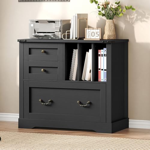RALGEND Farmhouse File Cabinet, Lateral Filing Cabinet with 3 Drawers and Folder Organizer, Office Storage Cabinet for A4 Letter Size Files, Printer Stand with Storage for Home Office, Black - color: Black