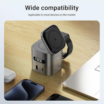 ACEFAST 6-in-1 80W Foldable GaN Wireless Fast Charging Station for iPhone 17/16/15 Series, Desktop Magnetic Wireless Charger Dock Station with USB C Rretractable Cable for AirPods 2/3/4/Pro 2/Pro 3