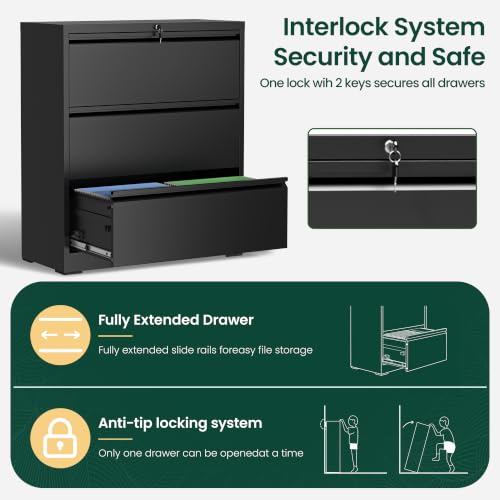 3 Drawer Lateral File Cabinet, Metal Filing Cabinet for Home Office, Black | Heavy-Duty Steel Locking Large File Cabinet, Hanging Letter/Legal/A4 Size, Full-Extension Silent Drawer, Un-Assembly - color: Black, size: 3 Drawers (35.43 in Width)