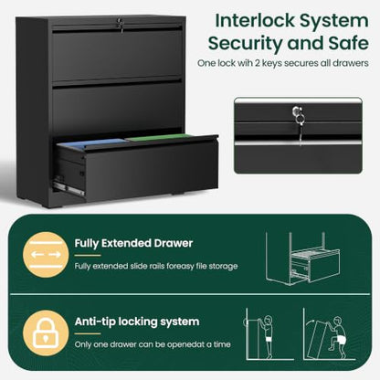 3 Drawer Lateral File Cabinet, Metal Filing Cabinet for Home Office, Black | Heavy-Duty Steel Locking Large File Cabinet, Hanging Letter/Legal/A4 Size, Full-Extension Silent Drawer, Un-Assembly - color: Black, size: 3 Drawers (35.43 in Width)