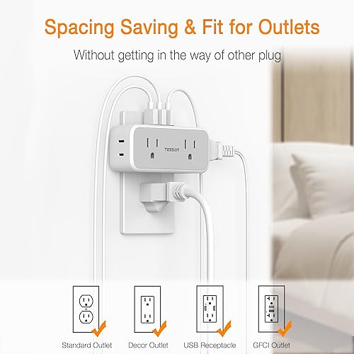 TESSAN Wall Outlet Extender, Multi Plug Mini Wall Expander, Grey - color: Grey with USB-A, size: 7 Outlets