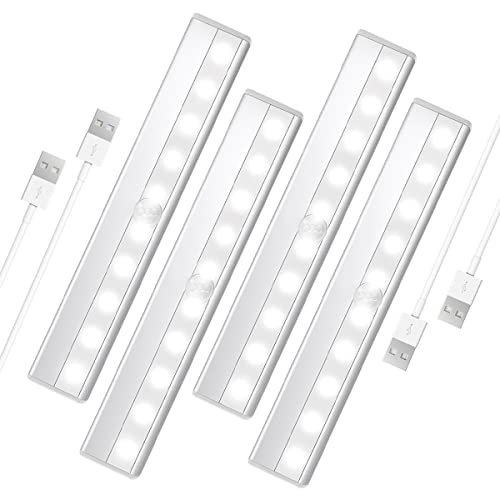 4 Pack Motion Sensor Closet Lights, 10 LED Stick-on Anywhere Magnetic Portable Wireless LED Under Cabinet Lights, Rechargeable Battery Night Light Bar for Closet Kitchen Hallway Stair(Daylight White) - size: 4 Pack