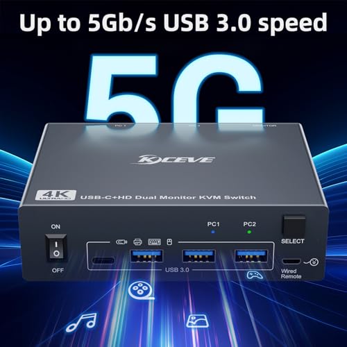 USB C KVM Switch 2 Monitors 1 Laptop 1 Desktop 4K@60Hz, HDMI Dual Monitor KVM Switch 2 Computers Share 2 Monitors and 4 USB3.0 Ports, 80W PD Charging, Wired Remote,USB-C Cable and 12V Adapter Included