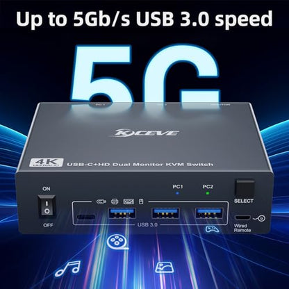 USB C KVM Switch 2 Monitors 1 Laptop 1 Desktop 4K@60Hz, HDMI Dual Monitor KVM Switch 2 Computers Share 2 Monitors and 4 USB3.0 Ports, 80W PD Charging, Wired Remote,USB-C Cable and 12V Adapter Included