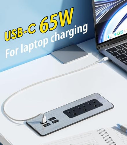 Electriduct Flush Mount Power Strip Surge Protector 65W Fast Charge 2X USB-C + 2X USB-A, 3X AC Outlet Recessed Desk Power Center Laptop Charger - Black/Silver/Wood Finish - size: 1 Unit