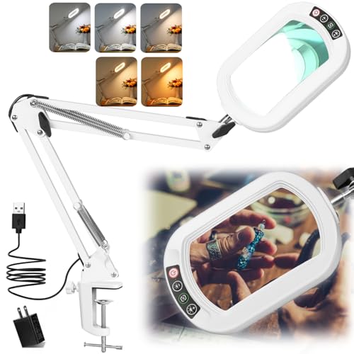 IVMAIE 12X Rectangle Magnifying Glass with Light, 5 Color Modes Stepless Dimmable Magnifier with Stand, LED Lighted Clamp Desk Lamp with Swing Arm, Hands Free for Reading Painting Close Work - White - color: White, size: 12X
