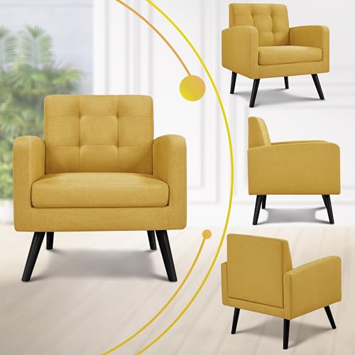 Yaheetech Mid Century Accent Chairs Set of 2 Living Room Chairs Yellow | Linen-Like Upholstered Sillones Para Sala, Modern Reading Nook Chairs, Button Tufted Back, Rubberwood Legs, Bedroom Office - color: Yellow, size: set of 2