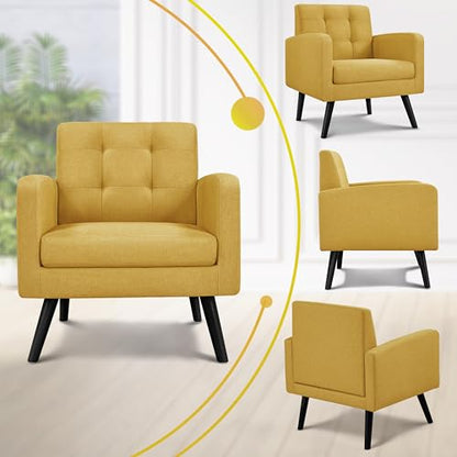 Yaheetech Mid Century Accent Chairs Set of 2 Living Room Chairs Yellow | Linen-Like Upholstered Sillones Para Sala, Modern Reading Nook Chairs, Button Tufted Back, Rubberwood Legs, Bedroom Office - color: Yellow, size: set of 2