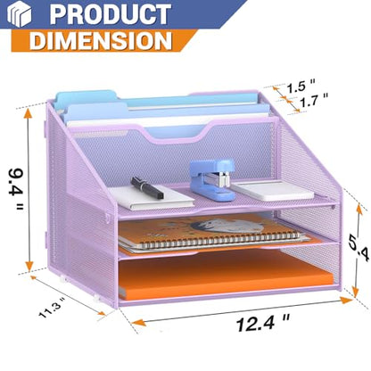 GAWERK Letter Tray Organizer, Mesh Desk File Organizer with 3 Paper Trays and 2 Vertical Upright Section (Purple) - color: Purple
