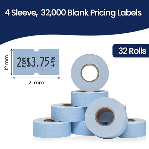 Perco 1 Line Blue Labels - 32,000 Blank Price and Date Gun Labels for Perco Lite, X, Plus and Pro 1 Line Price and Date Guns - 32 Rolls, 4 Sleeves - Made in USA - color: Blue, size: 4 Sleeves