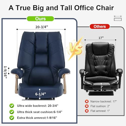 EXCEBET Big and Tall Executive Office Chair with Footrest, 400LBS Capacity Ergonomic High-Back Desk Office Chair with Lumbar Support, Padded Armrests & Thick Cushion, Blue PU Leather Chairs - color: Blue