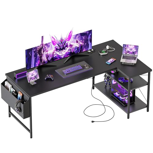 Mericonia 55 inch L Shaped Gaming Desk, Large Corner Desk with Shelves - color: Black, size: 54 inch