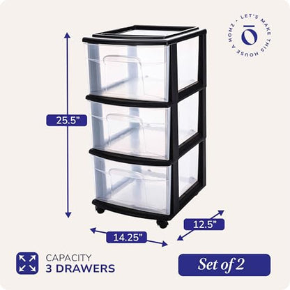 HOMZ Drawer Tower 3-Tier Storage Cart, Removable Wheels, Black Frame,2 Pack - color: Black, size: 2 Pack