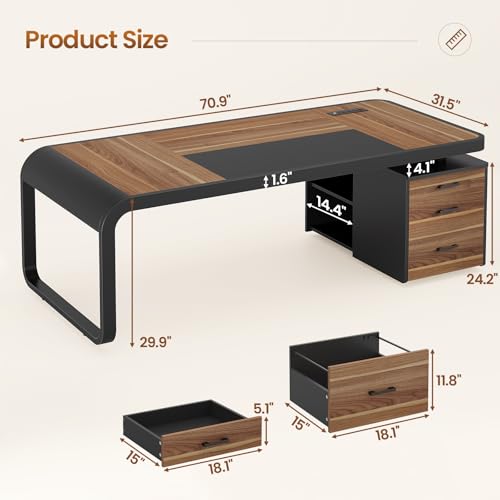 Itaar 70.9" Executive Desk, Large Computer Desk with Drawers and Lateral File Cabinet, Office Desk with Removable Shelves, Business Furniture Desk Workstation for Home Office, Walnut - color: Walnut