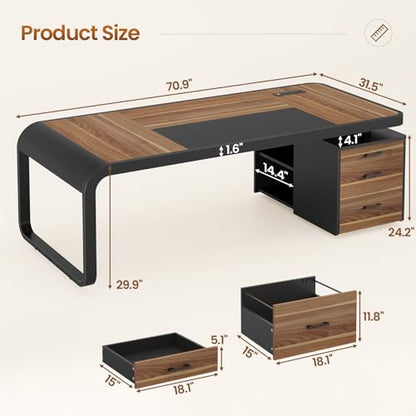 Itaar 70.9" Executive Desk, Large Computer Desk with Drawers and Lateral File Cabinet, Office Desk with Removable Shelves, Business Furniture Desk Workstation for Home Office, Walnut - color: Walnut