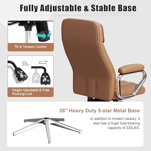 Okeysen Executive Office Chair, Modern Leather Chair with Headrest & Lumbar Support, High Back Ergonomic Chair with Padded Armrests & Seat, Height Adjustable Swivel Rolling Chair for Home Office. - color: Brown