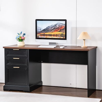60" Farmhouse Executive Desk with Charging Station,Home Office Desk with 2 Drawers &1 File Cabinet,Fluted Computer Desk for Office and Home - color: Walnut & Black
