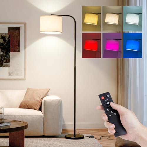 Arc RGB Floor Lamp with Remote and Dimmable Black lamps for Living Room | Modern Tall Standing Lamp for Bedroom Corner and Office wiht Adjustable Hanging Drum Shade Over Couch Arched Reading Light - color: Black RGB