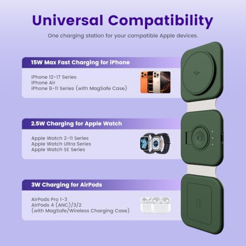 15W Magnetic Travel Charging Station, 3-in-1 Foldable MagSafe Charger - color: Forest Green