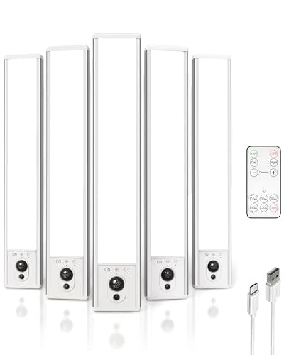 EZVALO 5-Pack Under Cabinet Lighting, 2400mAh Motion Sensor Light, LED Closet Lights Wireless, 6500K Dimmable, Timer, Magnetic, with Remote Control for Kitchen, Closet, Stair - color: Cool White
