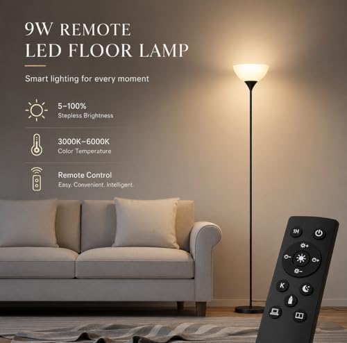 PESRAE Floor Lamp, Remote Control, Stepless Brightness & Color Temperature - color: Matte Black