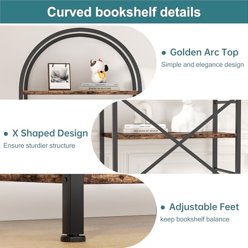 Vongrasig 5 Tier Arched Bookshelf, Industrial Tall Open Bookcase, Walnut - color: Walnut With Arched Top