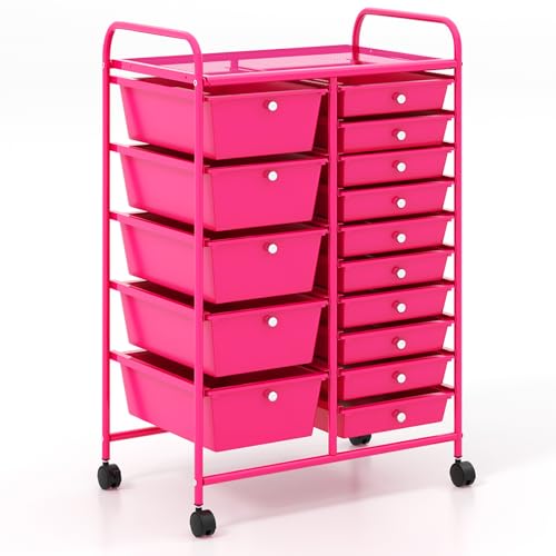COSTWAY 15 Drawer Rolling Storage Cart, Mobile Utility Cart with Lockable Wheels, Drawers, Multipurpose Organizer Cart for Home, Office, School, Hot Pink - color: Hot Pink