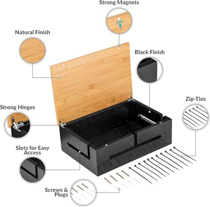 Cable Management Box Bamboo 12.6x7.9x4.3in, White, Wall Mount Kit Included - color: White