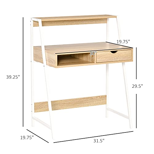 HOMCOM Home Office Desk with A Frame for Small Spaces, Natural | Computer Desk, Writing Table, with Drawer, Storage Shelves - color: Natural