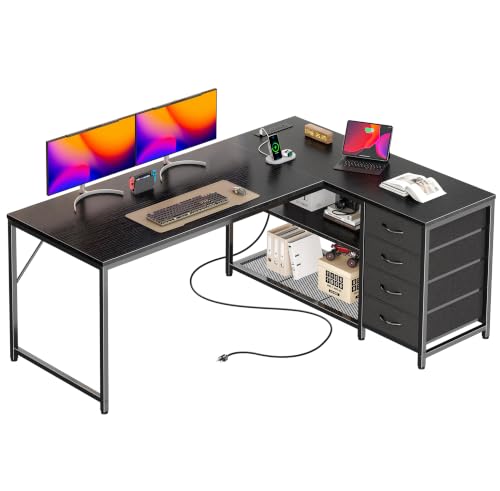 PRAISUN 53" L Shaped Desk with Power Outlets & 4 Drawers | Reversible Computer Desk with 2 Storage Shelves, Large Corner Office Desk for Gaming Writing Work Study, Black - color: Black, size: 53 Inch