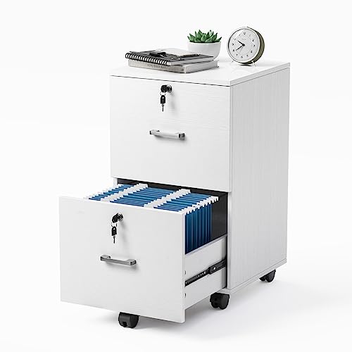 VINGLI 2 Drawer File Cabinet with Lock, Wood Grain White File Cabinets for Letter Size File Folders with Tabs, Mobile Under Desk Filing Cabinets for Home Office, Rolling Filing Cabinet Printer Stand - color: Classic White, size: Standard 2 Drawer