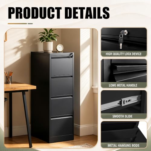4 Drawer File Cabinet for Home Office, Vertical Filing Cabinet - color: Black, size: 52.3"H - 4 Drawer
