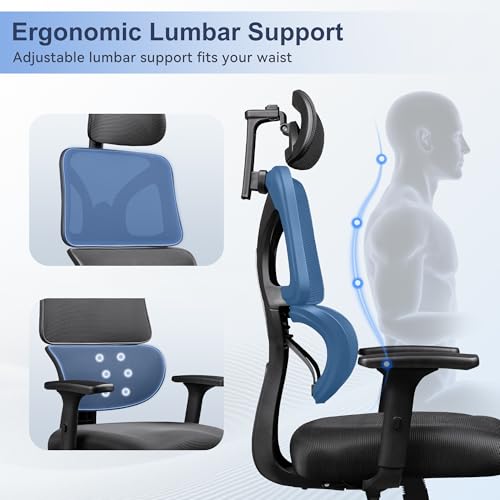 DEVAISE Office Chair Big and Tall Reclining Ergonomic Desk Chair for Long Hours, Comfy Breathable Mesh, Adjustable Armrests with Lumbar Support, Black