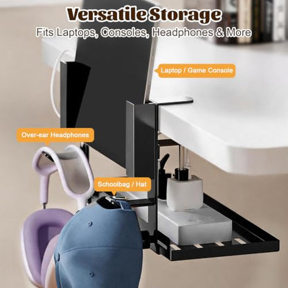 Desk Side Storage Organizer, Clamp-On Laptop Holder & Storage Shelf