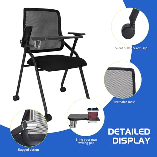 Updated Conference Room Chairs with Tablet Arm, Folding Office Desk Chair with Lumbar Support and Sliding Armrest with Casters, Stackable Office Guest Chairs & Reception Chairs, 1 Pack Black - color: Black With Tablet Arm, size: 1 Pack
