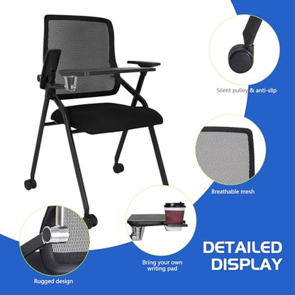 Updated Conference Room Chairs with Tablet Arm, Folding Office Desk Chair with Lumbar Support and Sliding Armrest with Casters, Stackable Office Guest Chairs & Reception Chairs, 1 Pack Black - color: Black With Tablet Arm, size: 1 Pack