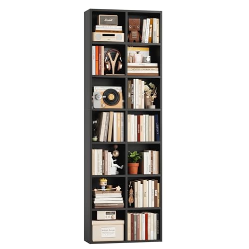 FOTOSOK Bookshelf Bookcase 7-Tier Narrow Bookshelf Tall CD Media Tower Rack - color: Black