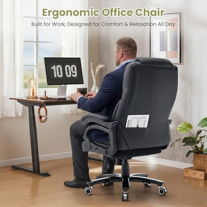 650lbs Big and Tall Office Chair for Heavy People,Ergonomic High Back PU Leather Computer Chair with Adjustable Lumbar Support,Comfy Executive Office Desk Chair with Wide Seat,Silent Wheels,Black