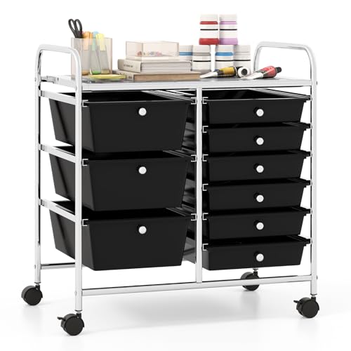 Giantex 9 Drawers Rolling Cart, Classroom Organizers, Storage Cart with Wheels, for Teacher Office Home School Supplies Tool Craft Art Paper, Black - color: Black, size: 9 Drawers (3 Big +6 Small)
