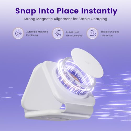 15W Magnetic Travel Charging Station, 3-in-1 Foldable MagSafe Charger - color: White
